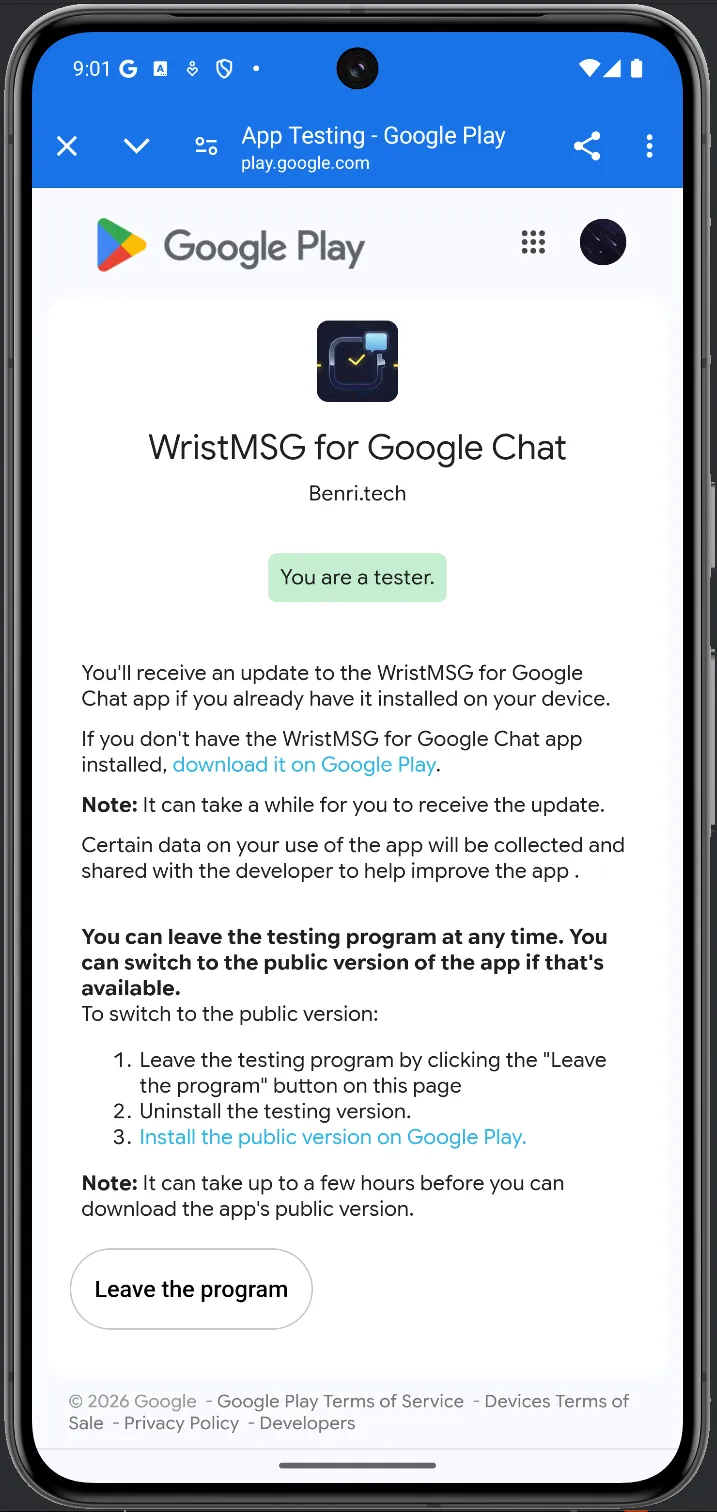 Google Play App Testing page showing 'You are a tester' confirmation for WristMSG for Google Chat