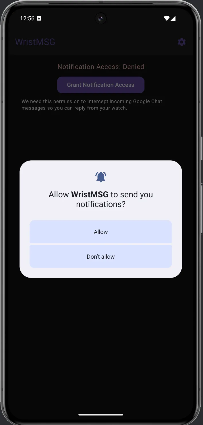 System dialog asking 'Allow WristMSG to send you notifications?' with Allow and Don't allow buttons, over the WristMSG home screen