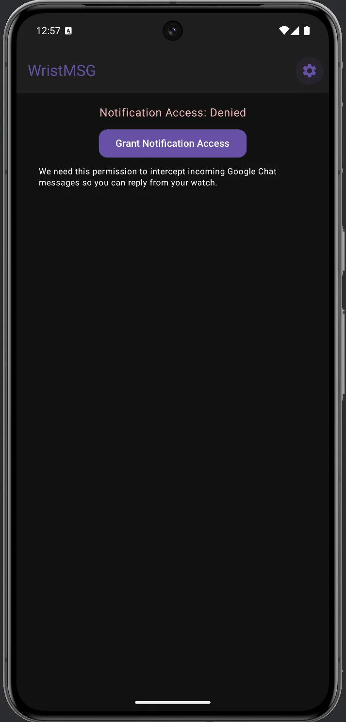 WristMSG home screen showing 'Notification Access: Denied' in red with a purple Grant Notification Access button