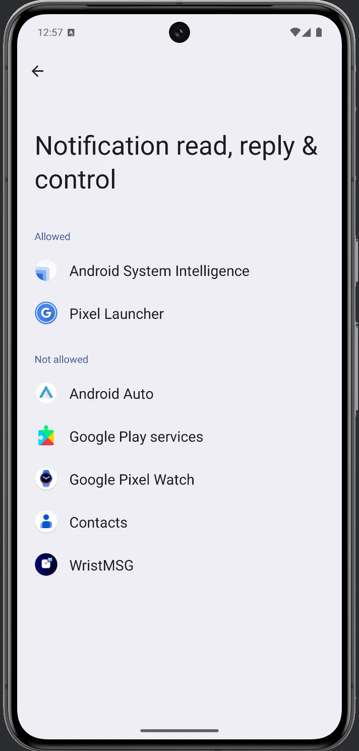 Android 'Notification read, reply & control' screen with WristMSG listed under Not allowed
