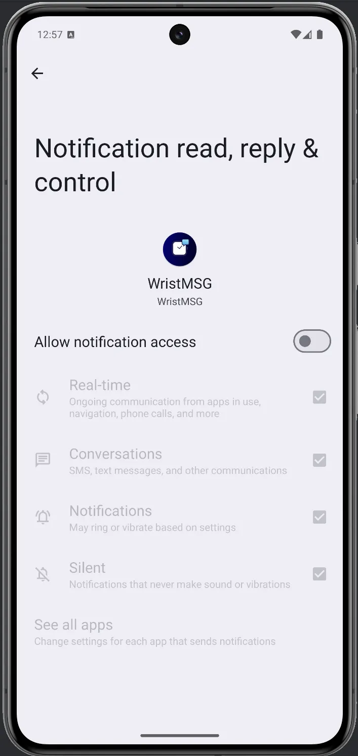 WristMSG notification access page with toggle off and confirmation dialog asking to allow notification access