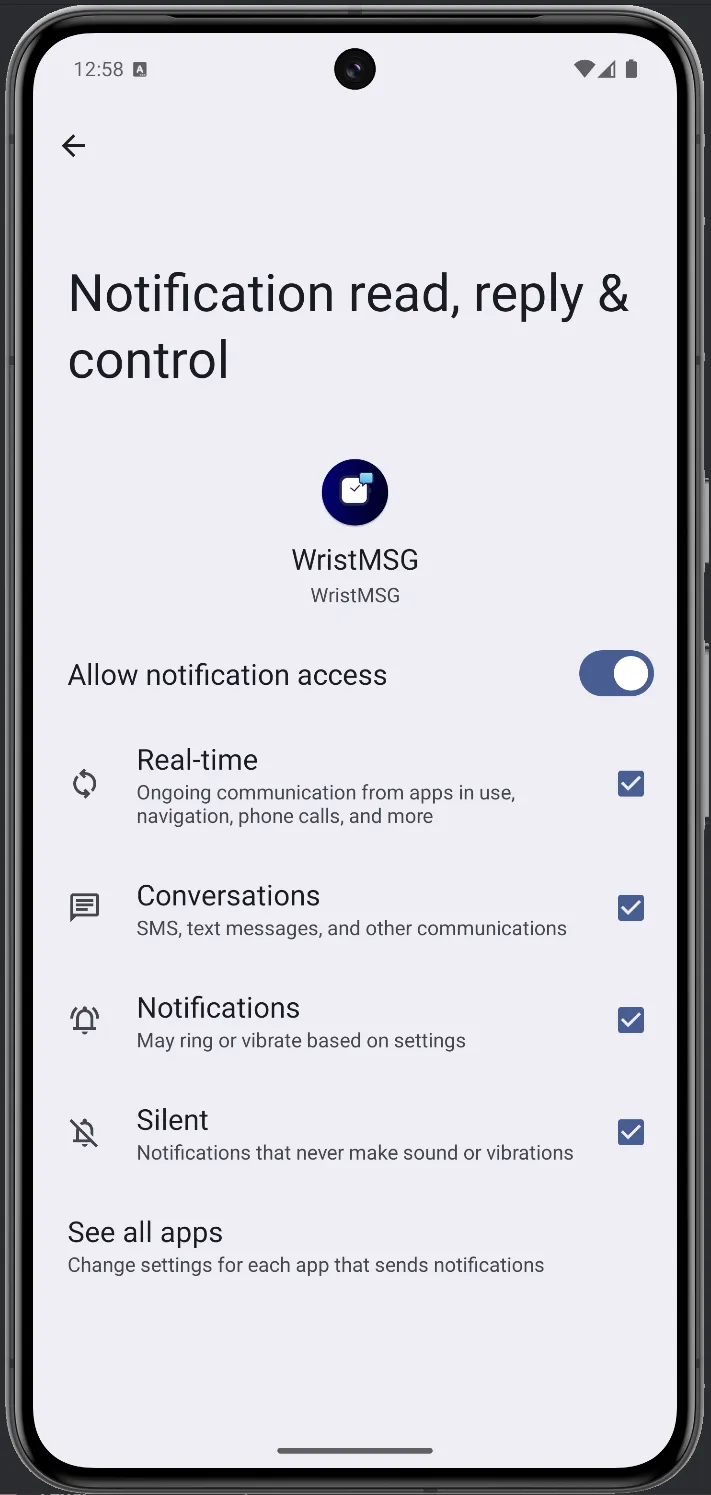 WristMSG notification access confirmed — toggle on, Real-time, Conversations, Notifications, and Silent all checked
