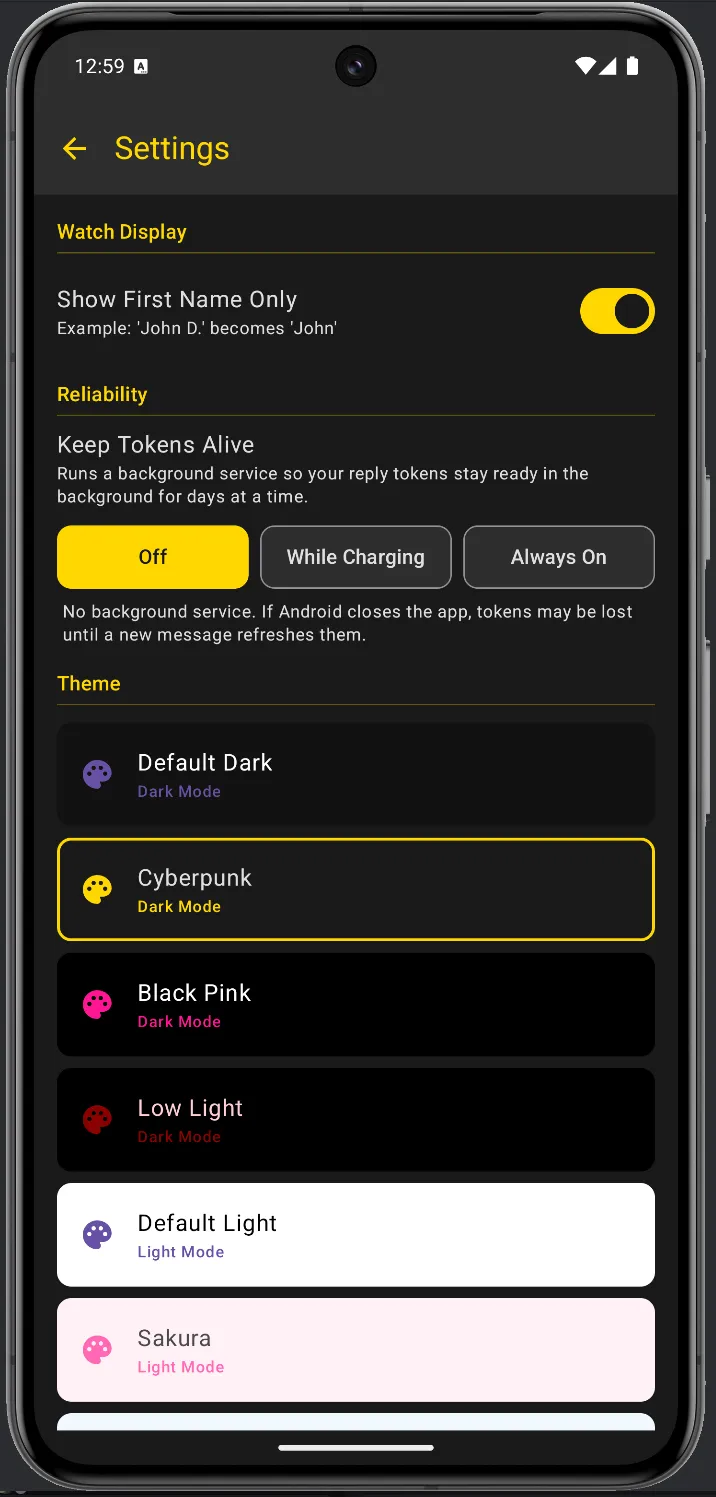 WristMSG Settings in Cyberpunk theme — gold accent, dark background