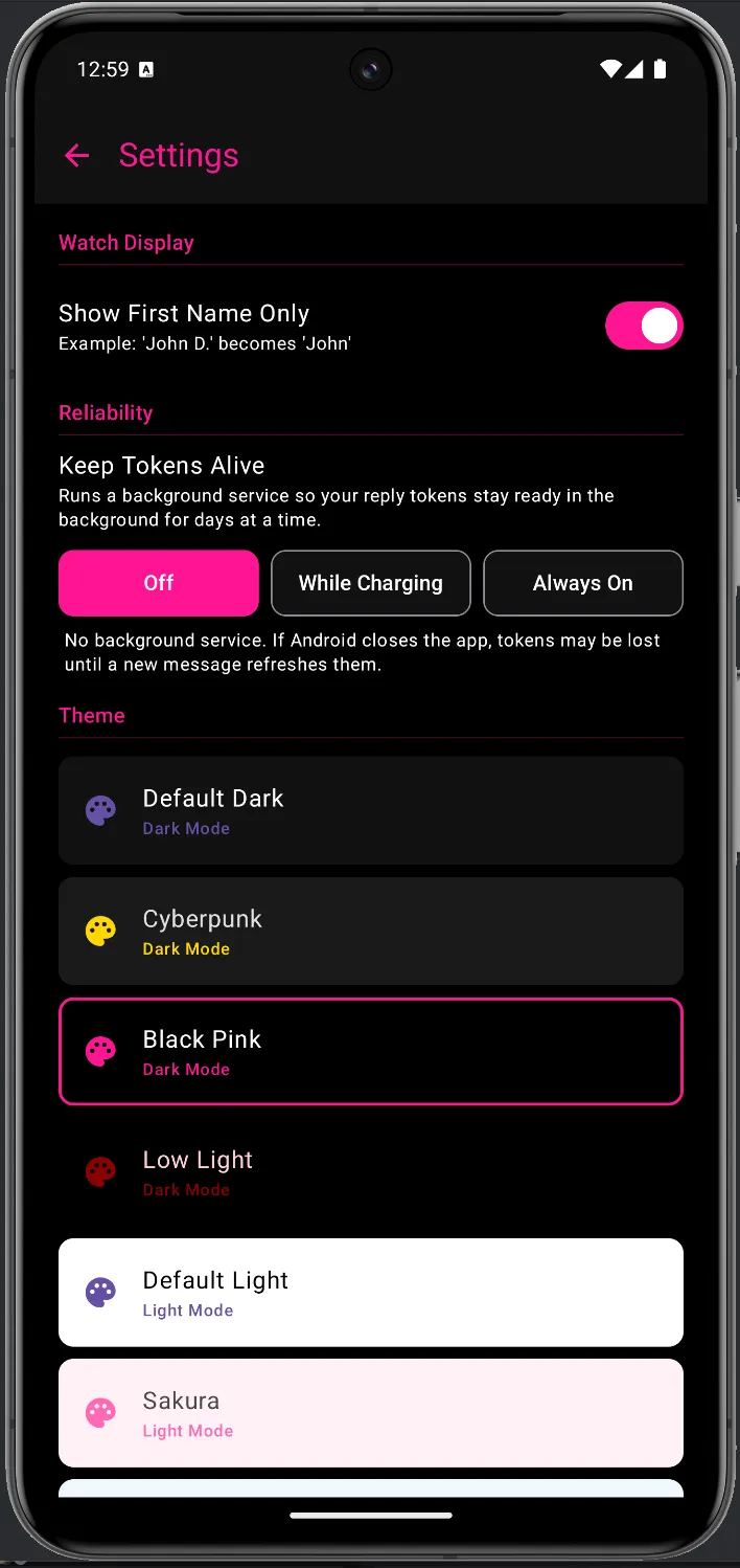 WristMSG Settings in Black Pink theme