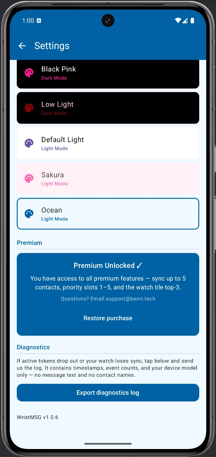 WristMSG Settings scrolled to the bottom — Ocean theme selected, Premium Unlocked section, and Export diagnostics log button