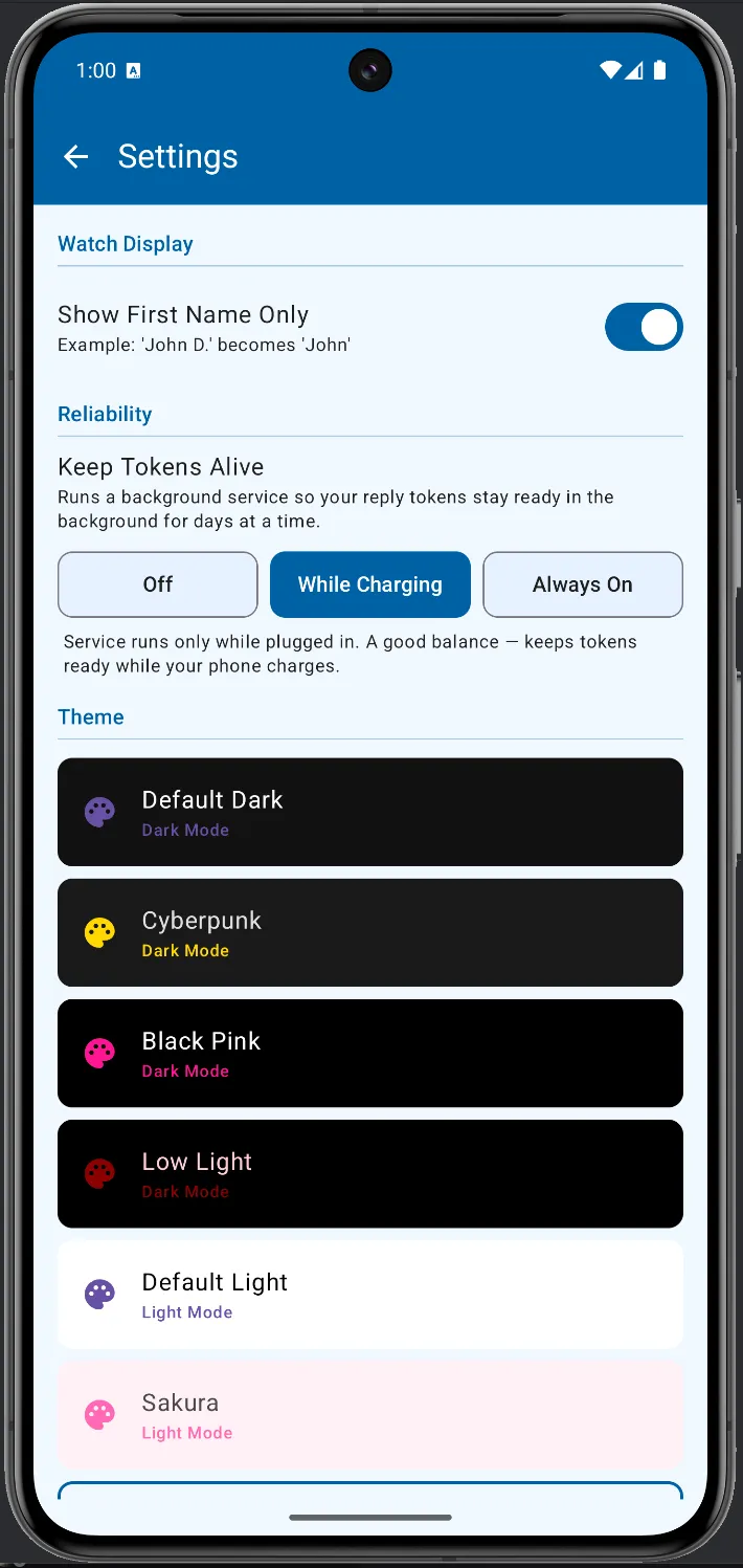 WristMSG Settings showing Keep Tokens Alive set to While Charging