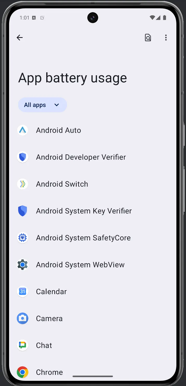Android App battery usage list showing apps near the top of the alphabet