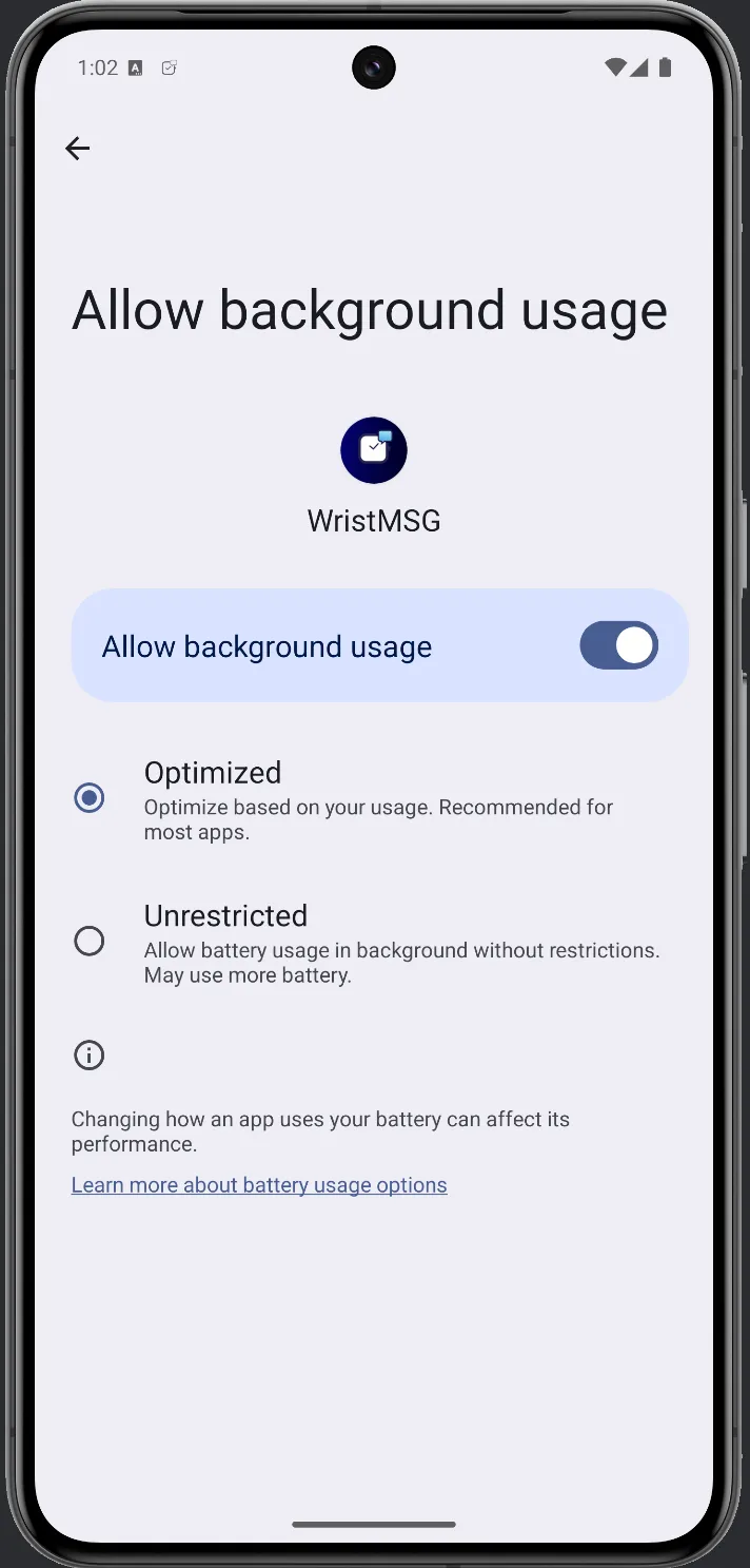Allow background usage for WristMSG — Optimized currently selected
