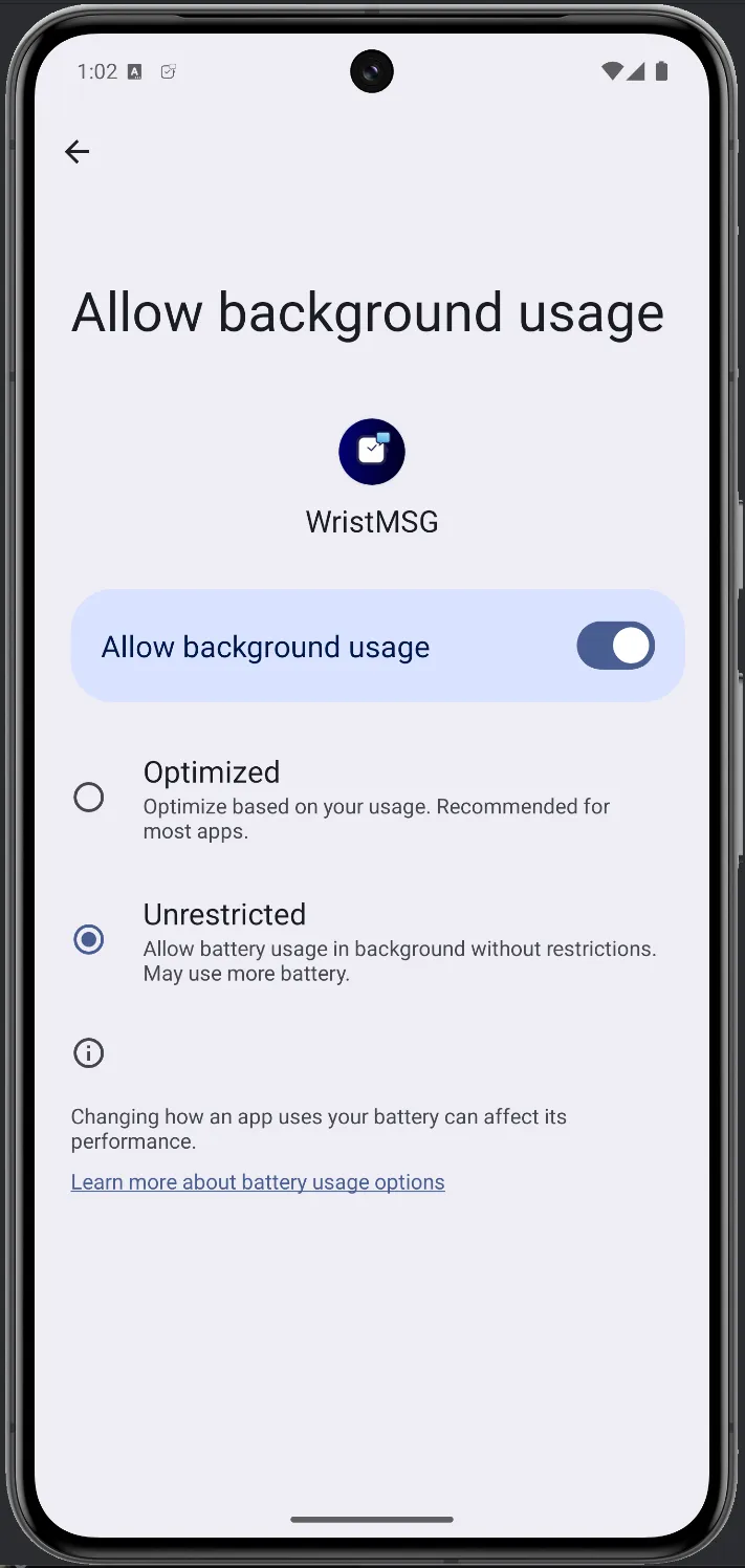 Allow background usage for WristMSG — Unrestricted now selected