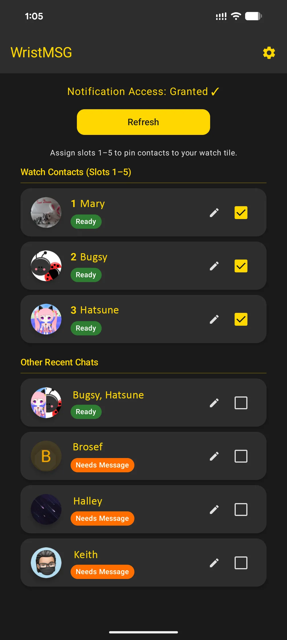 WristMSG contact list with three contacts assigned to Watch Contacts slots 1–3, and remaining contacts in Other Recent Chats below
