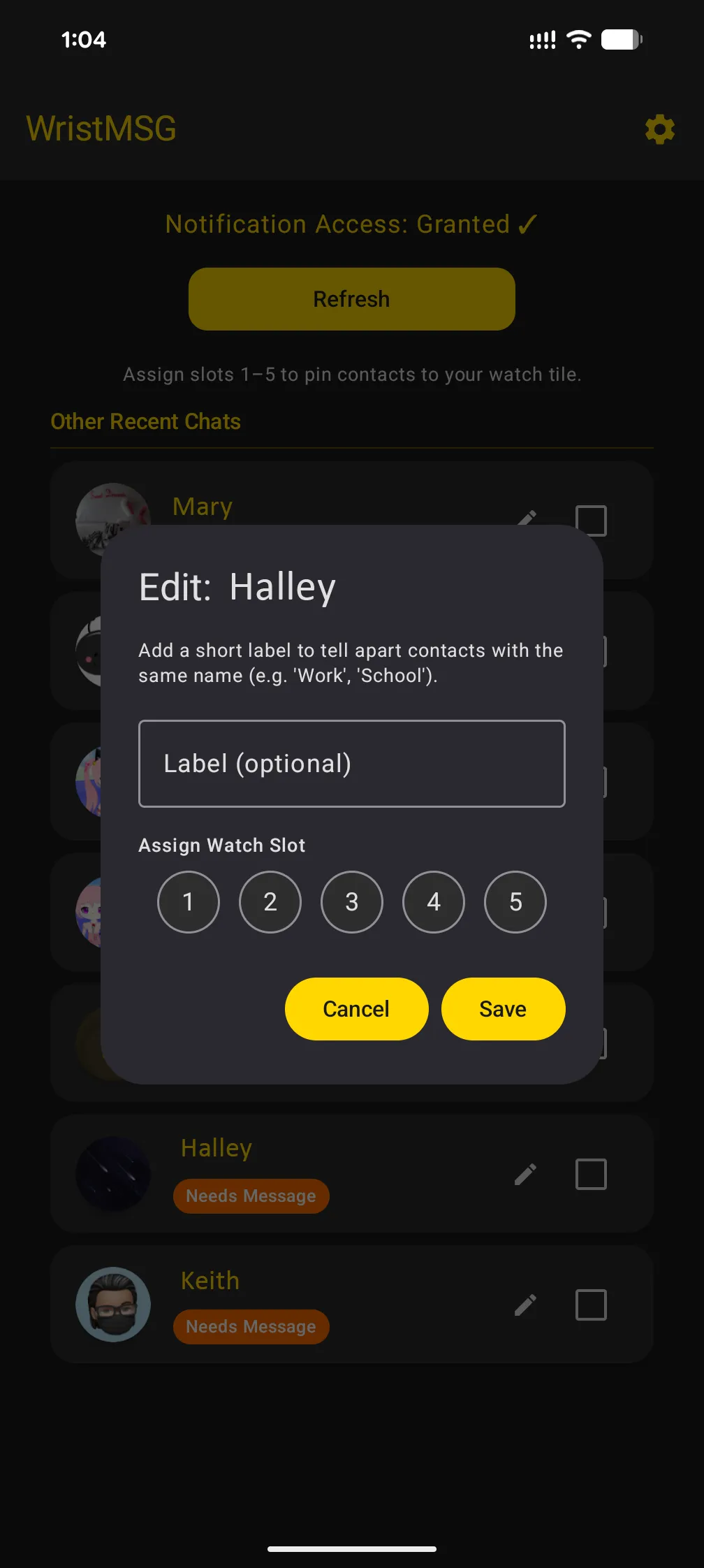 WristMSG edit contact dialog showing Label (optional) text field and Assign Watch Slot buttons numbered 1 through 5