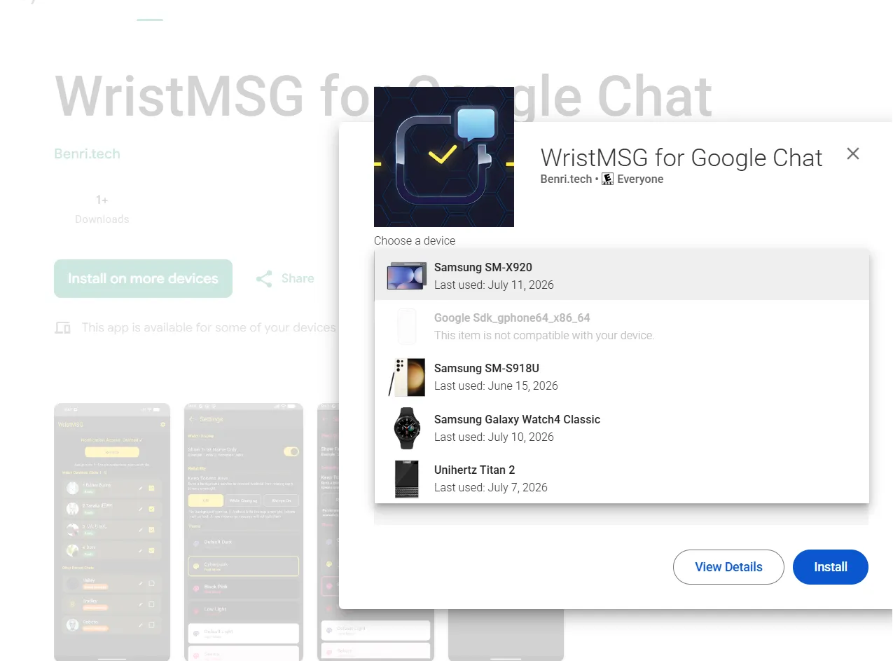 Google Play device picker modal showing a list of devices including Samsung Galaxy Watch4 Classic — select your watch and click Install